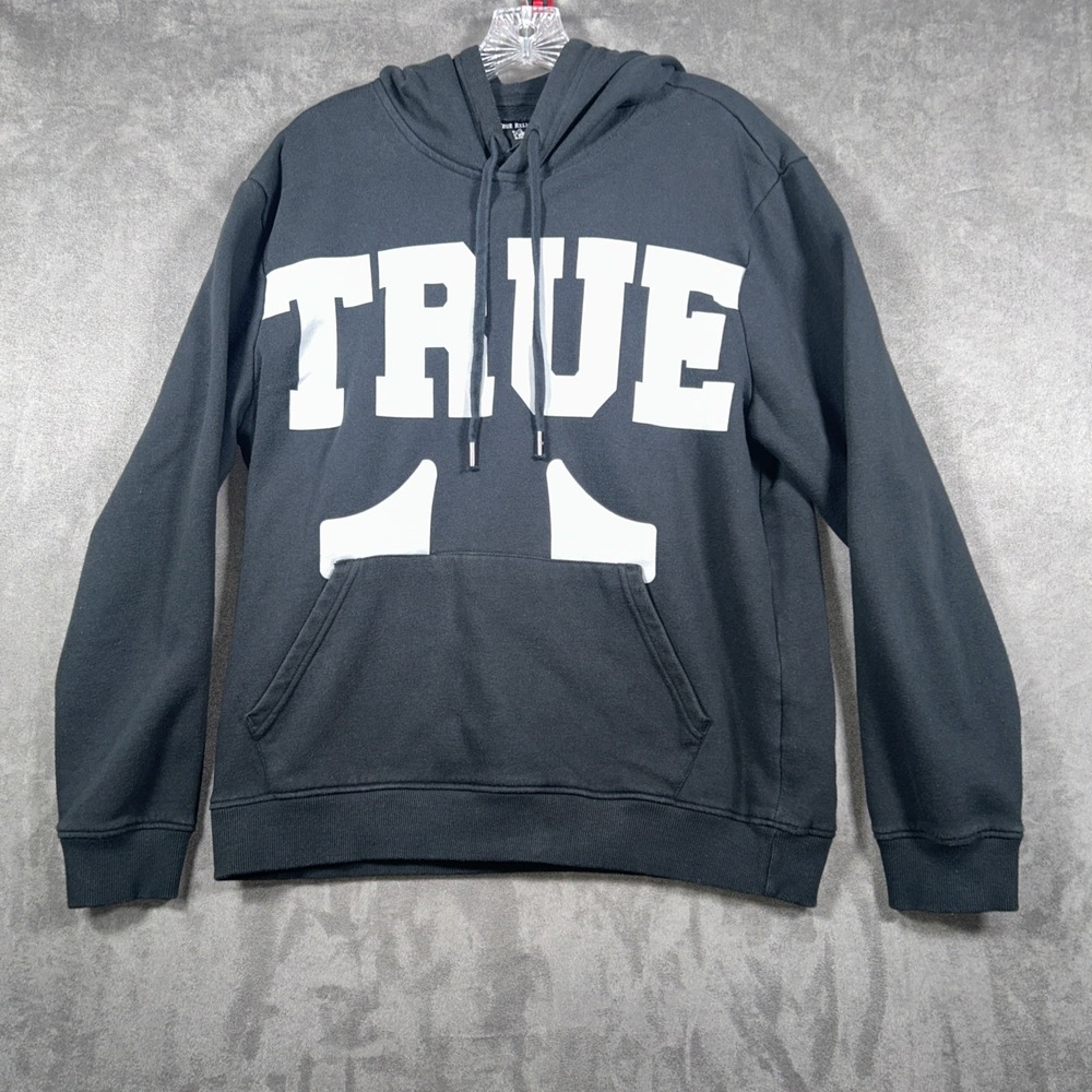 True Religion Sweatshirt Mens L Black Hoodie Pullover Logo Pocket Casual TRUE